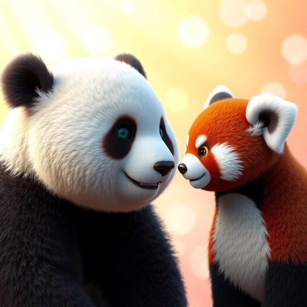 Whimsical Panda Encounter in Vibrant 3D Digital Art