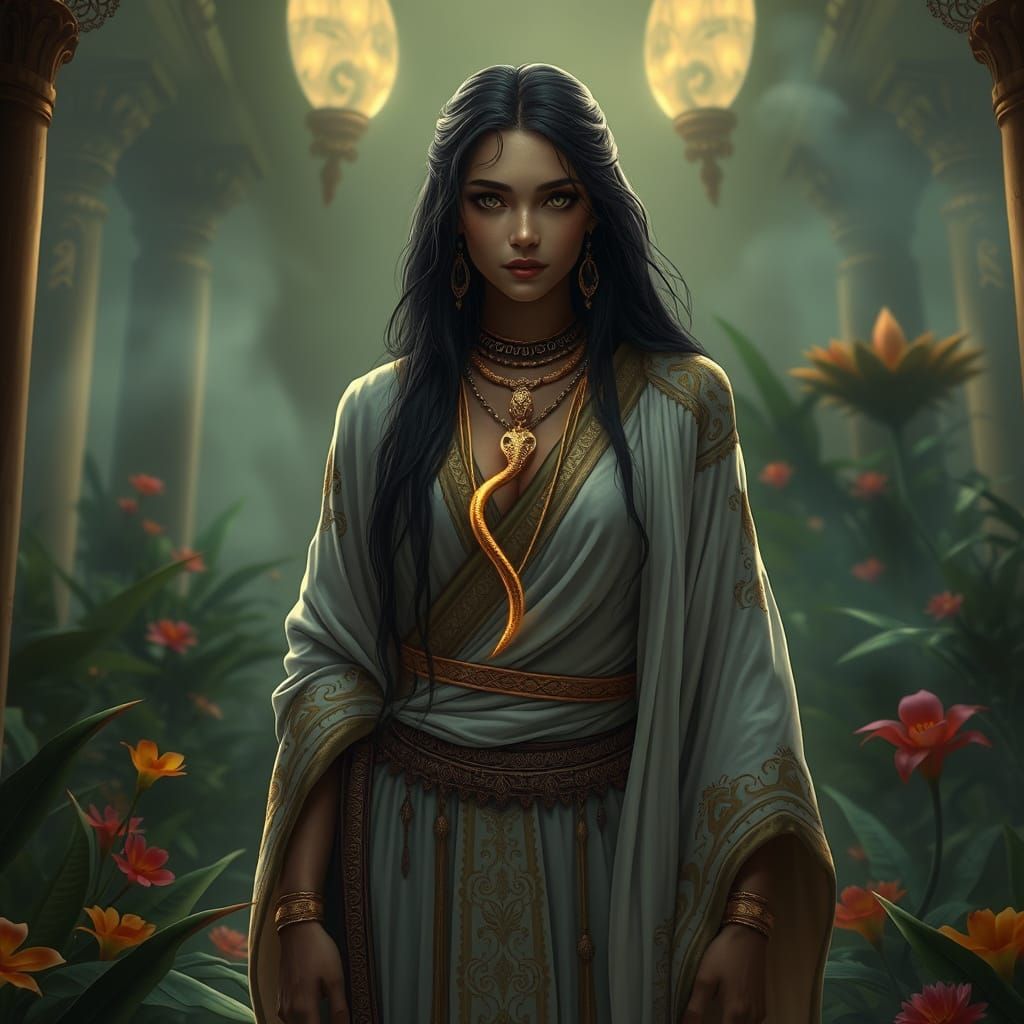 Mystical High Priestess in a Lush, Ancient Temple