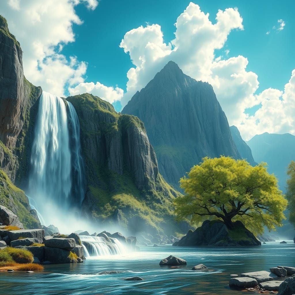 Hyperrealistic Waterfall Scene in 3D with Luminous Lighting