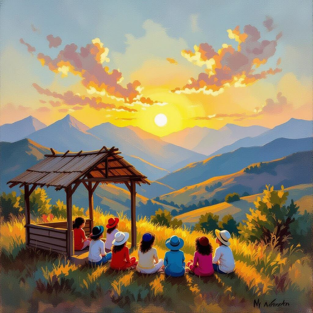 Jewish Children Play Near Sukkah Amidst Mountain Sunrise