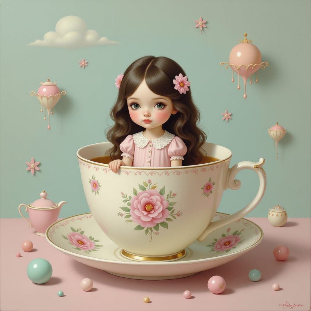 Girl in Teacup: Surreal Dreamlike Oil Painting
