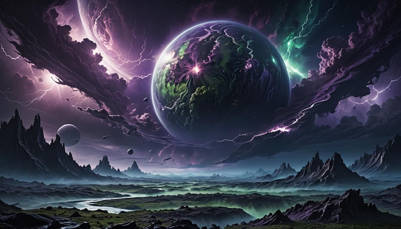Eerie Sci-Fi Planet with Stormy Clouds in Digital Art