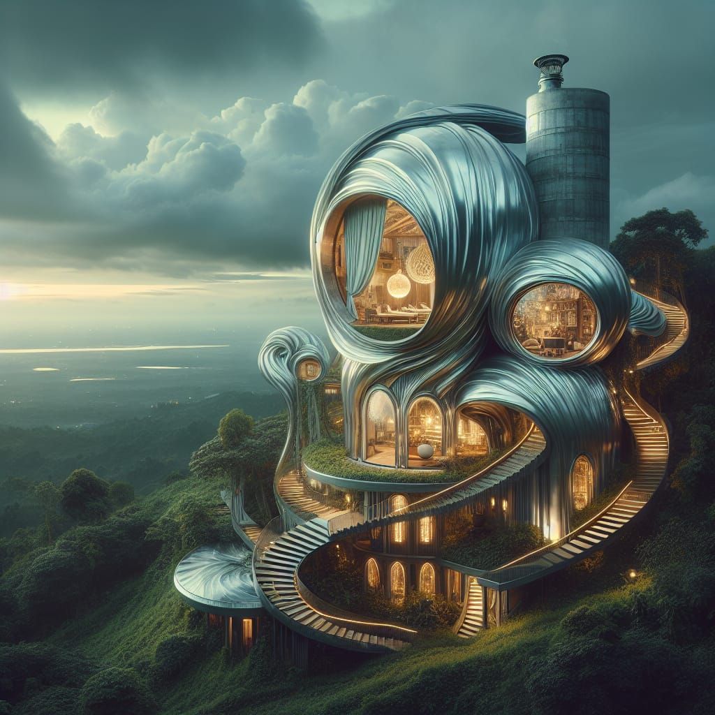 Futuristic Silver Structure on Verdant Hillside