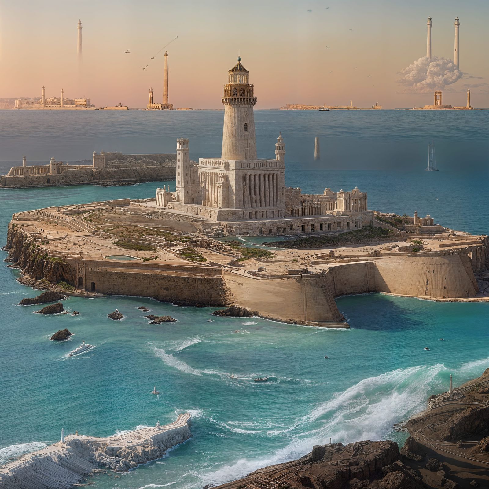 Ancient Lighthouse of Alexandria Rising Above Pharos Island