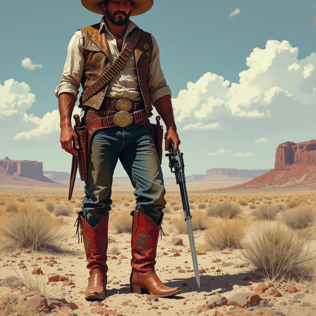 Red Cowboy in Barren Landscape, Gritty Realism