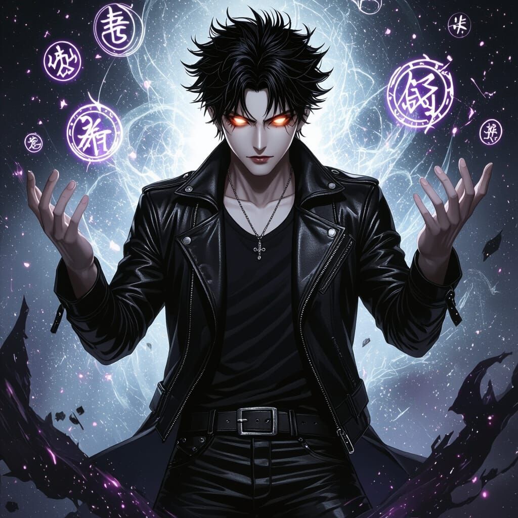 Dark Heroic Anime Villain with Arcane Symbols