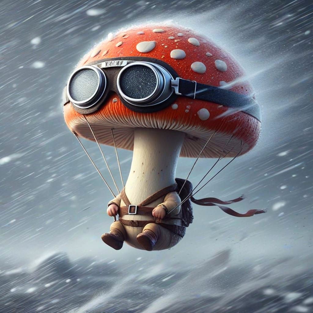 Toadstool Adventurer Soars through Stormy Skies in Cyberpunk...