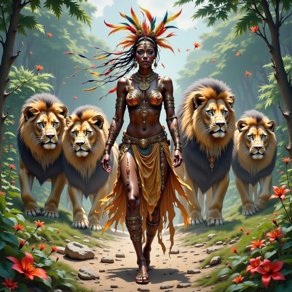 Tribal Woman Among Lions in Colorful Style