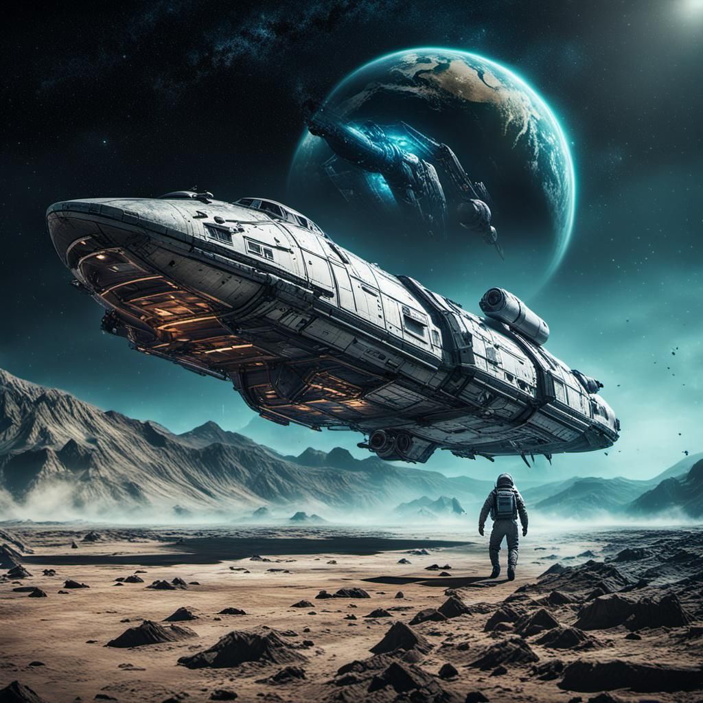 Cargo Spaceship Landing on Watery Planet: Cinematic Still