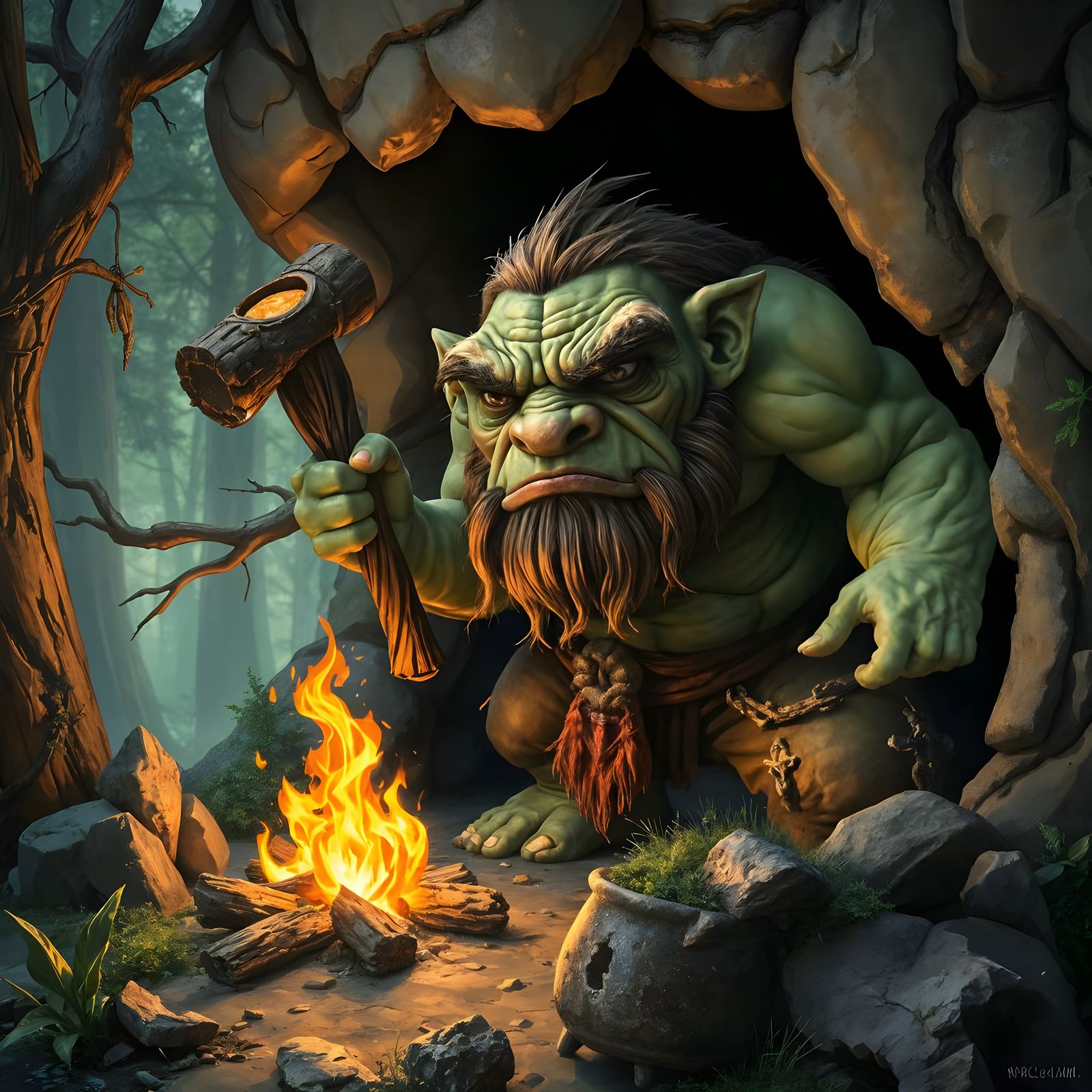 Grumpy Troll Guarding Cave Entrance in Enchanted Forest