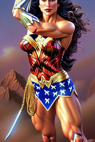 Muscular Wonder Woman: Hyperrealistic Digital Illustration