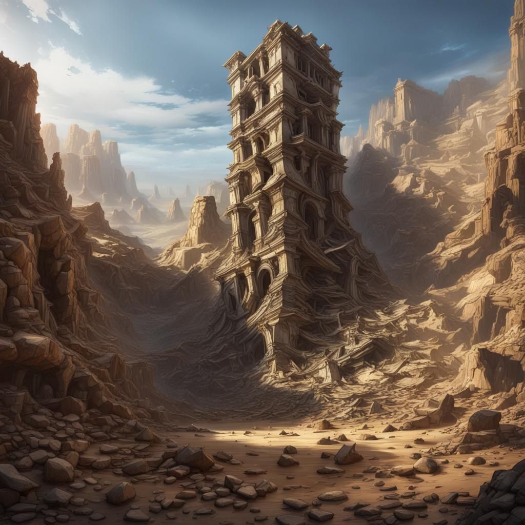 Monumental Ruined Tower in Desert Landscape