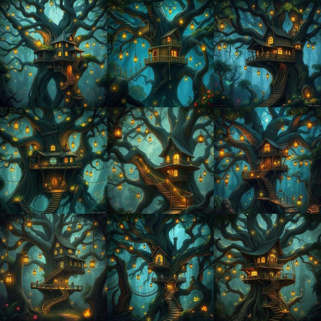 Enchanted Forest Treehouse with Bioluminescent Tree