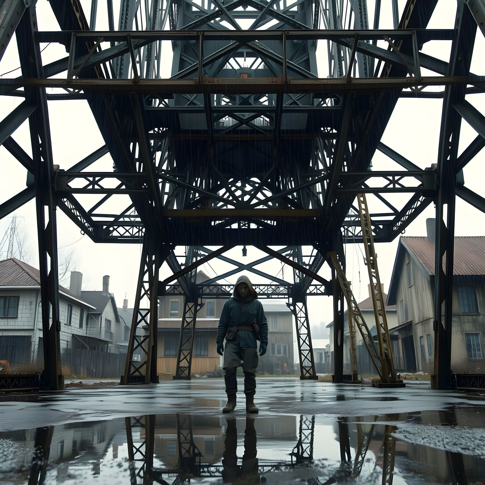 Small Human Overwhelmed by Industrial Giant