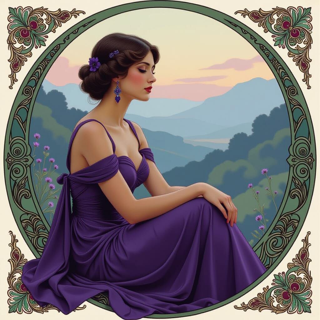 Contemplative Woman in Art Nouveau Style