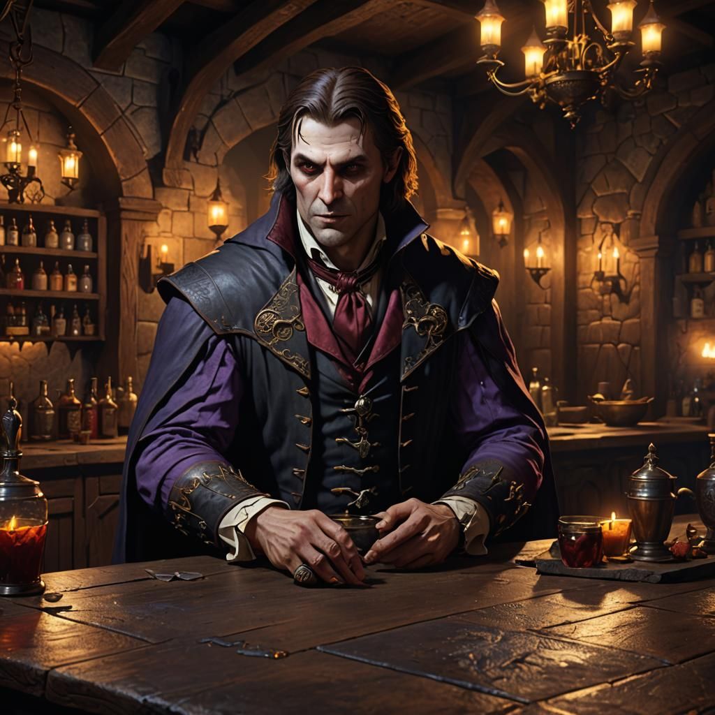 Vampire in Medieval Tavern, Dark Fantasy Art