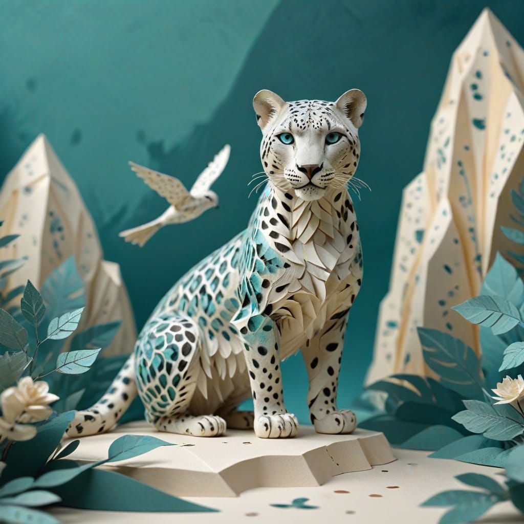 Snow Leopard Paper Diorama in Snowy Mountains