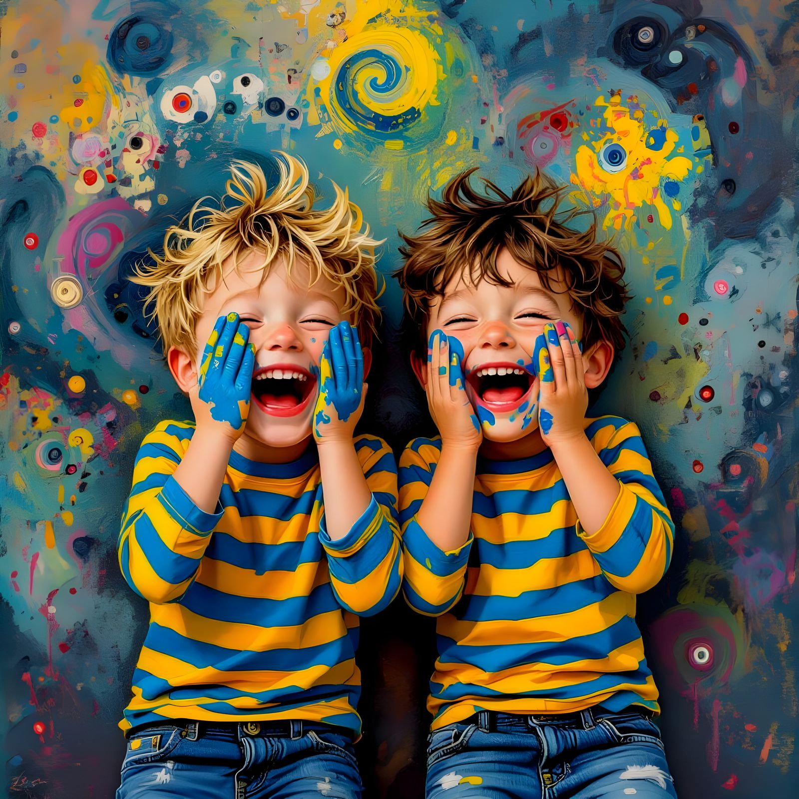 Boys Painting Each Other in Cartoon Caricature Style