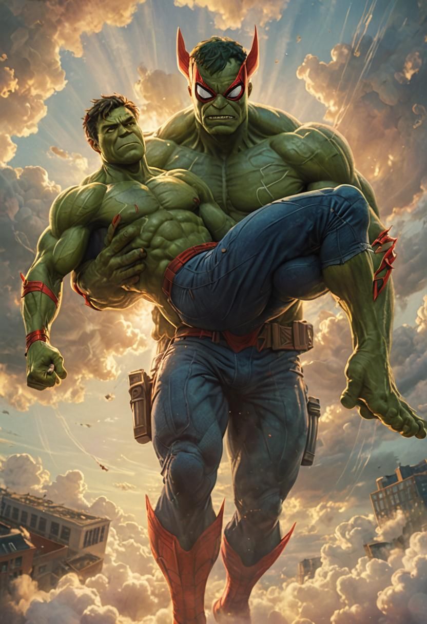 Spiderman and Hulk Embrace in Post-Impressionistic Heaven