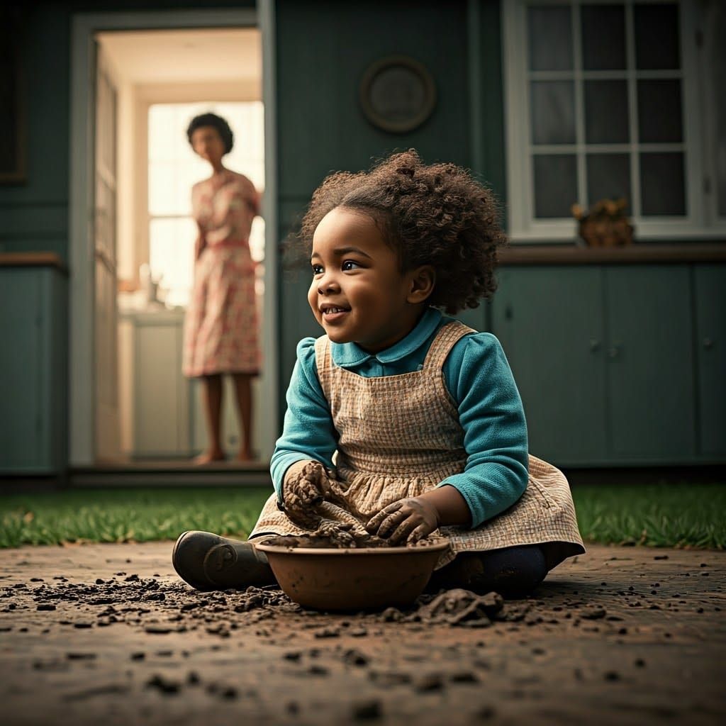 Happy Girl Making Mud Pies, 1960s Country Scene