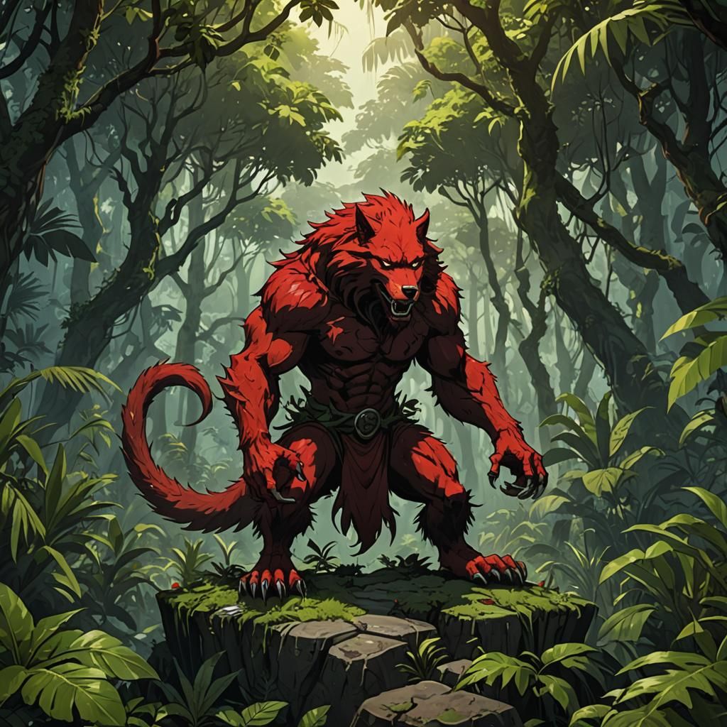 Fierce Red Werewolf on Jungle Island in Anime Style