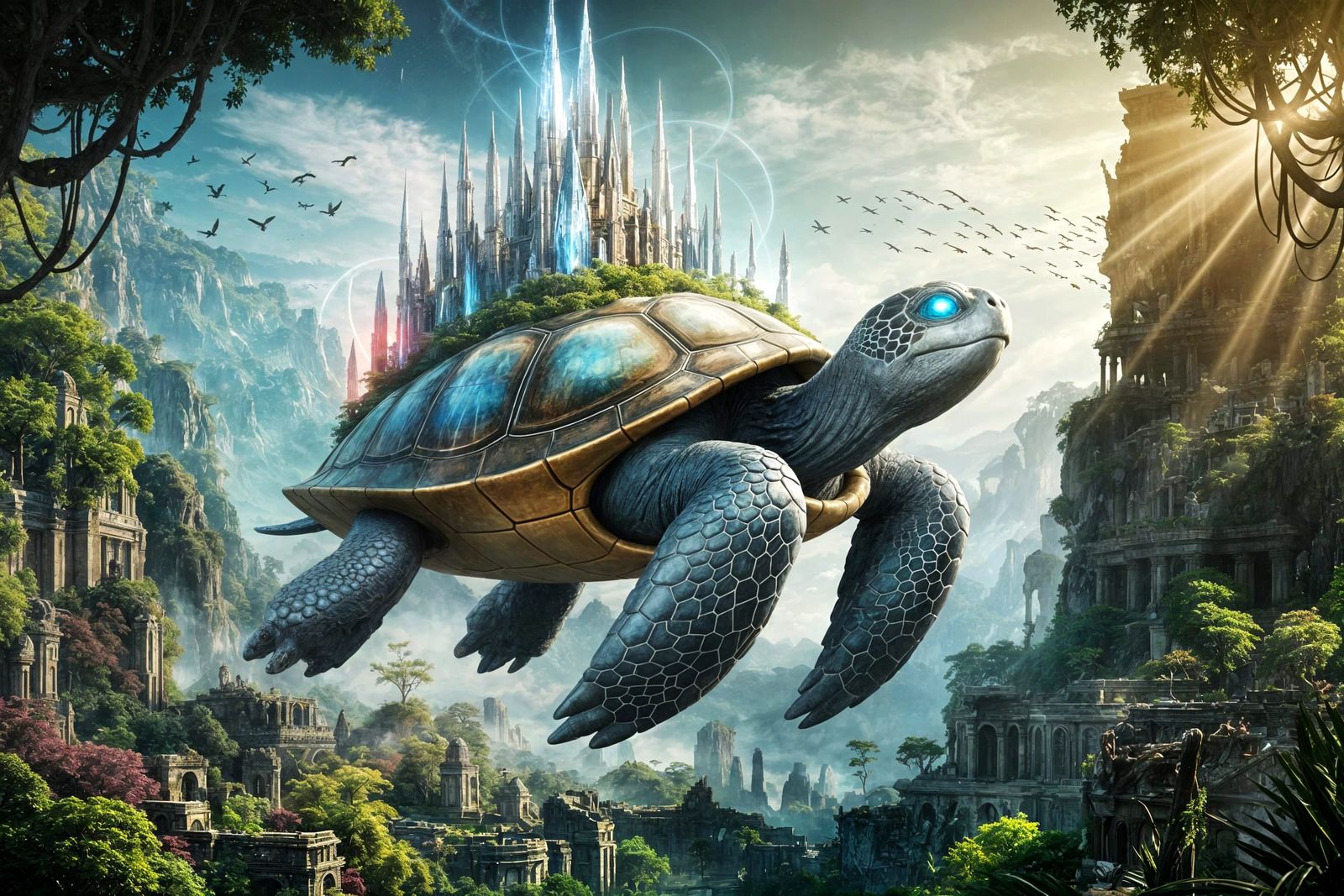 Flying Turtle Carries Futuristic Citadel Above Ancient Jungl...