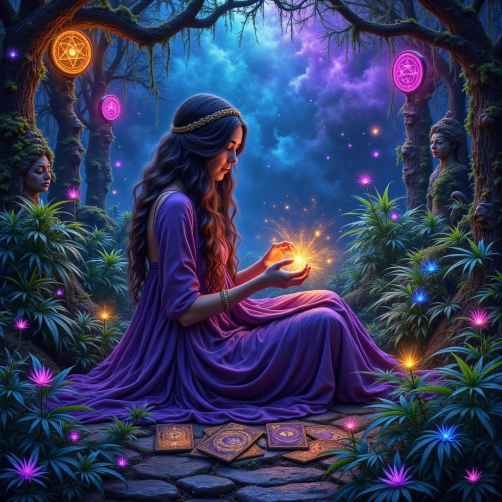 Mystical Fortune Teller in Bioluminescent Garden