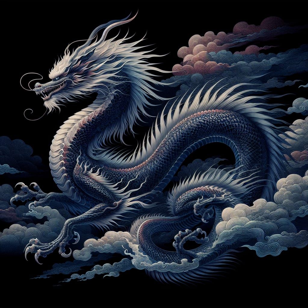 Eastern Dragon in Japanese Woodblock Print Style