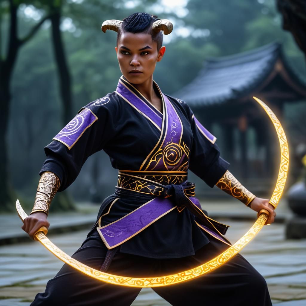 Tiefling Monk Practicing Kata in Magical Dojo