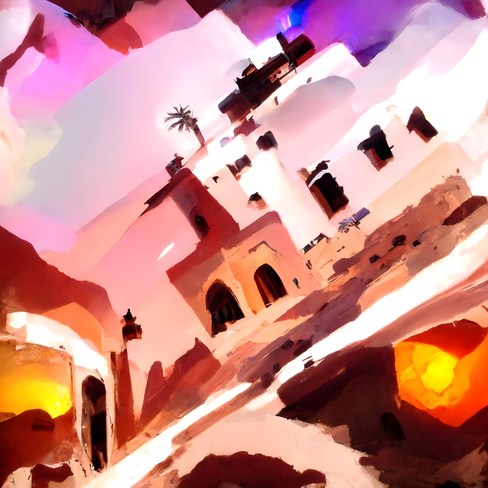Steampunk Moroccan Castle Under Neon Lights