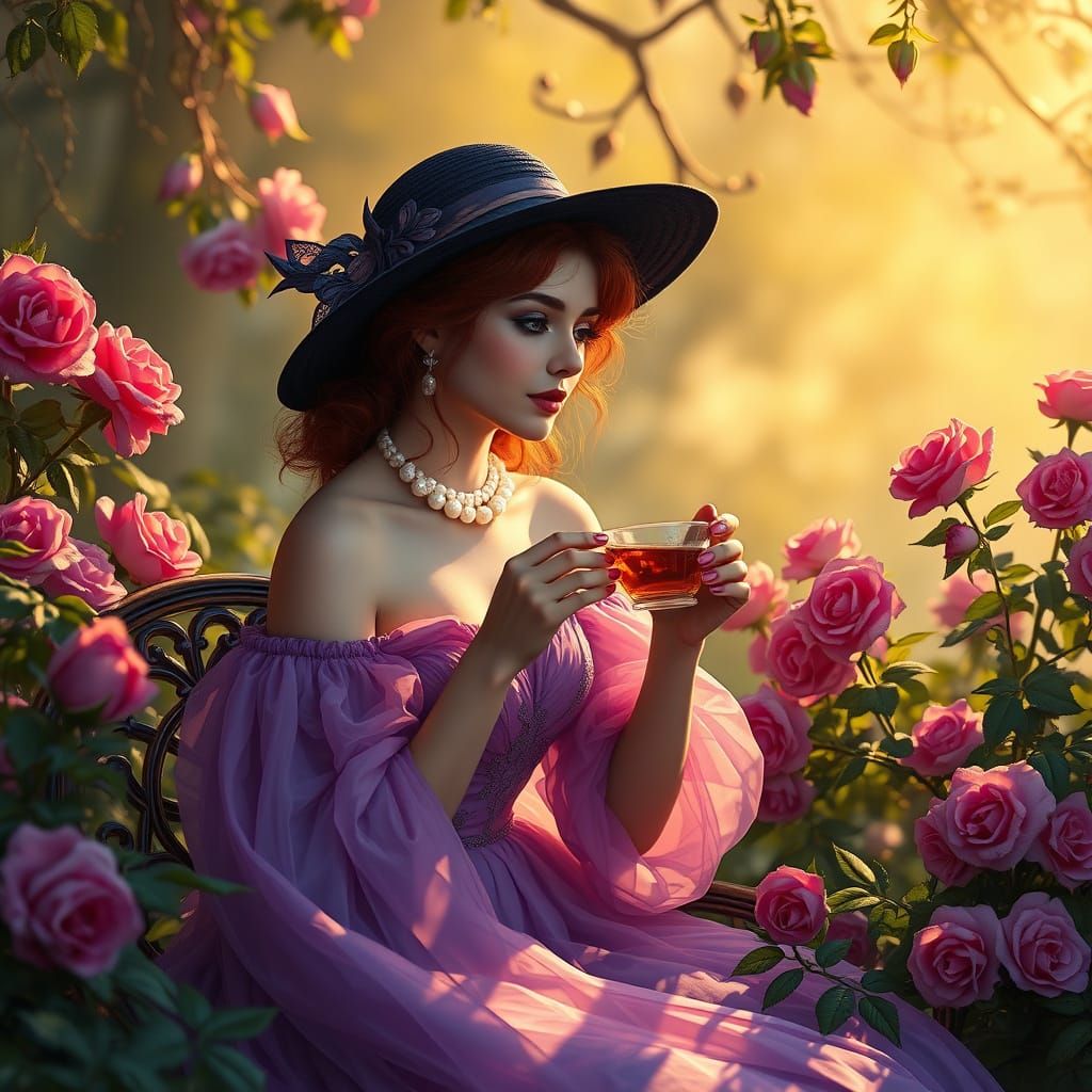 A woman in a flowing off-shoulder purple dress, adorned with...