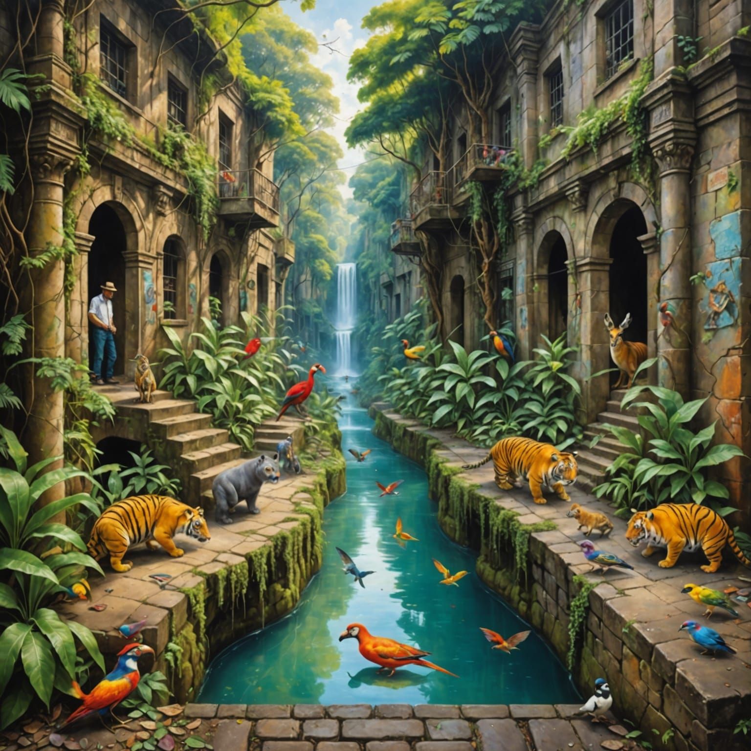 Surreal Jungle Canyon Illusion in Whimsical Street Art Style