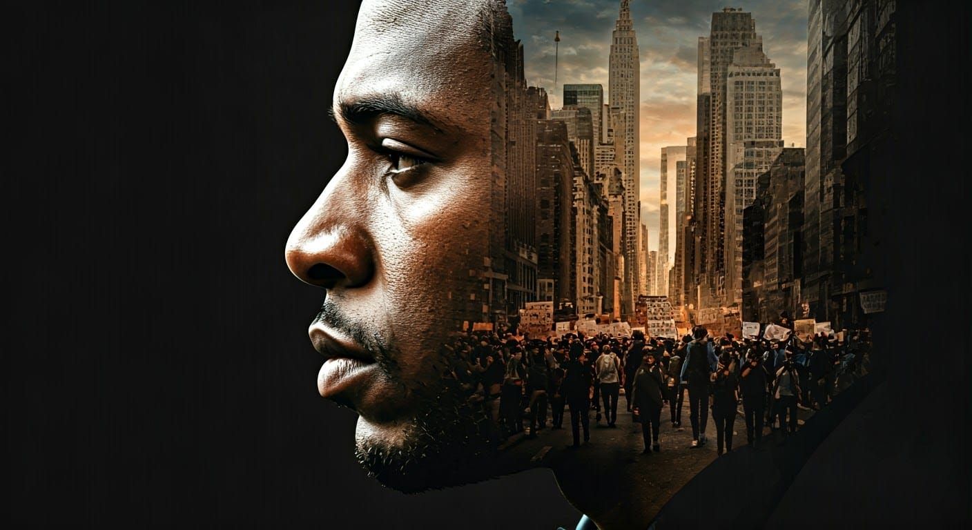 A Black Man's Profile with Cityscape Double Exposure