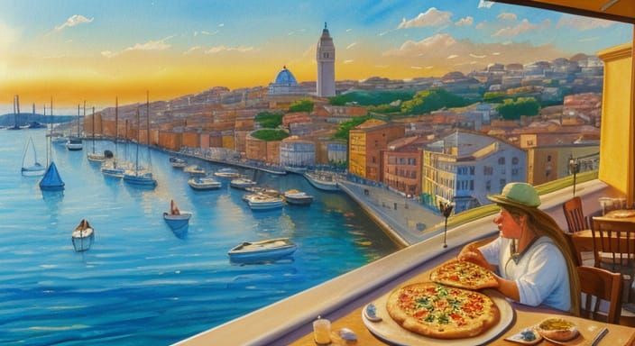 Pizza by the Bay: Impressionist Watercolor Painting