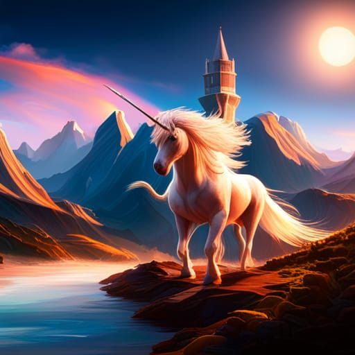 Girl Rides Unicorn, Castle Backdrop in 3D Render