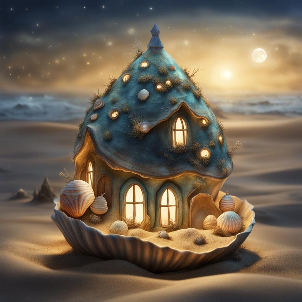 Enchanted Seashell Village on a Starry Beach