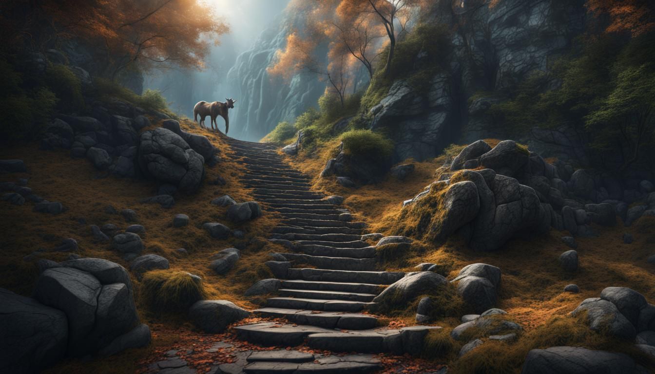 Mysterious Stone Steps in Deep Woods: Matte Painting
