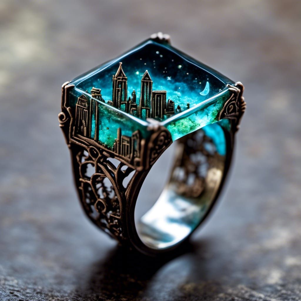 Bioluminescent Post-Apocalyptic Cityscape in Resin Ring