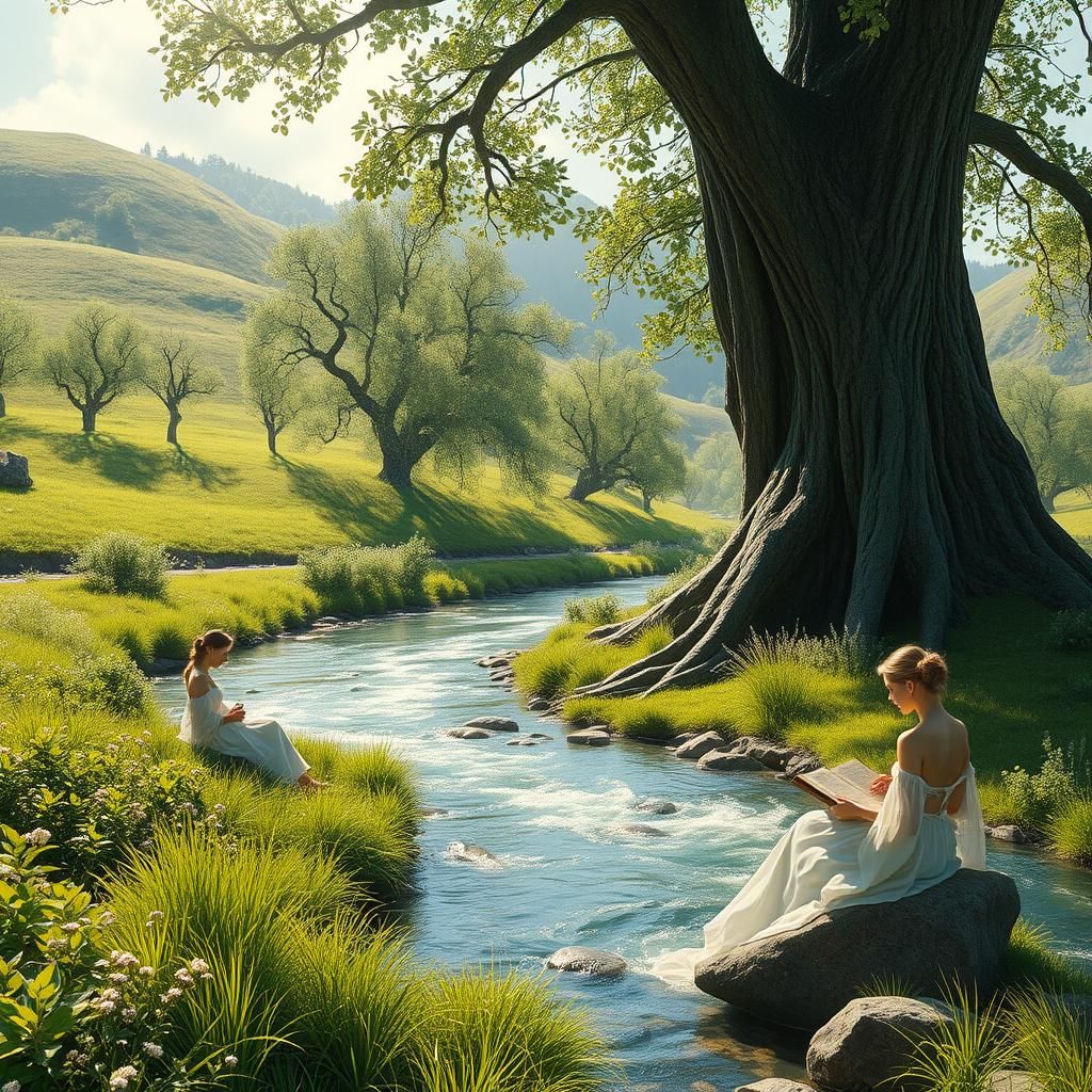 Sun-Drenched Meadow with Maidens by River