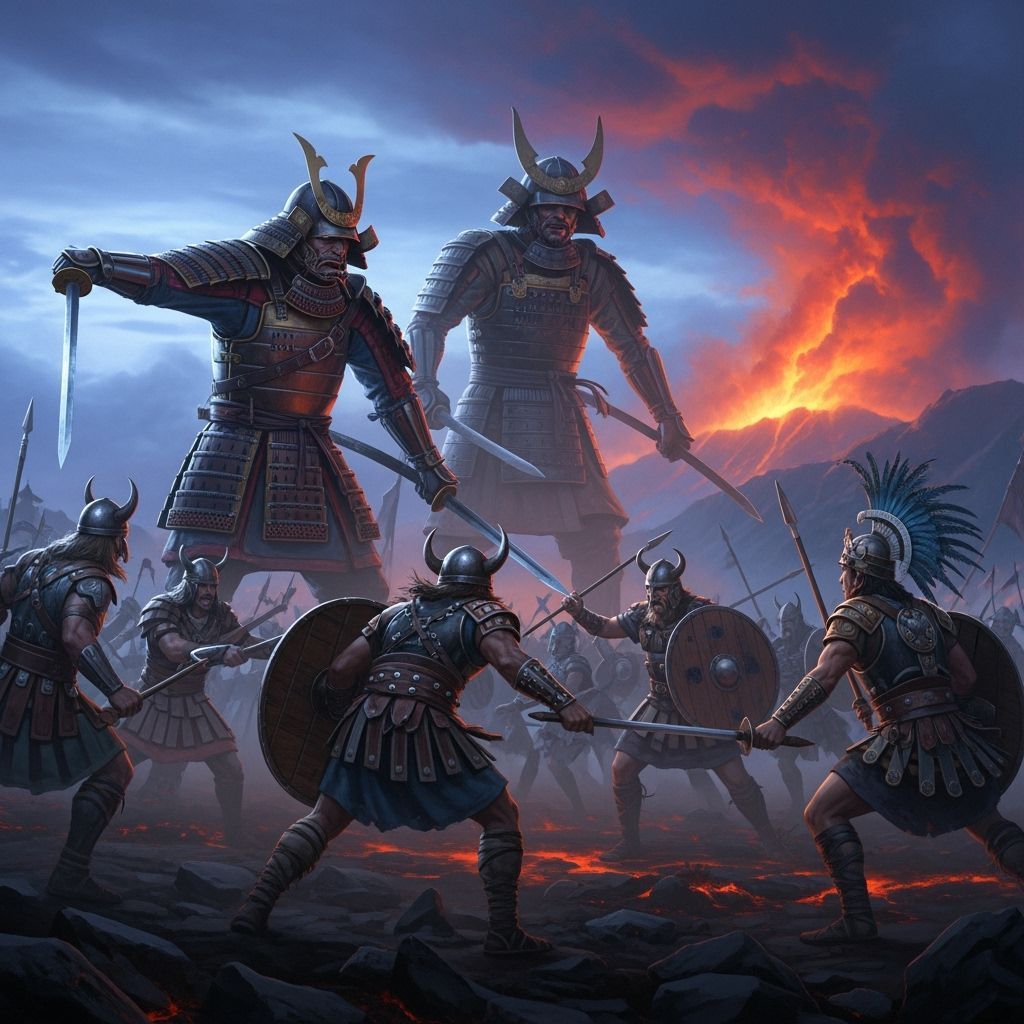 Epic Fantasy Battle of Giants, Vikings, and Aztecs