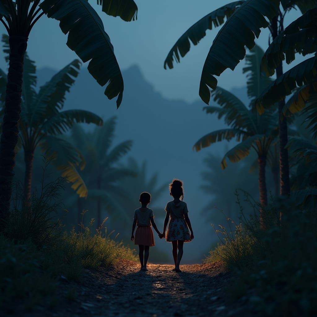 Midnight Walk: Children in a Matte Painting Landscape