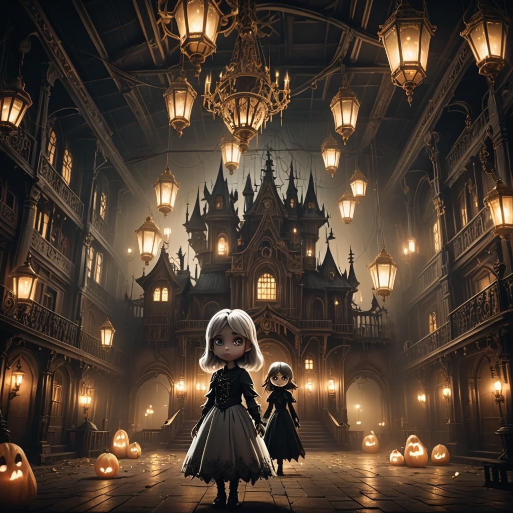 Chibi Ghost Girl in Haunted House, Gothic Digital Art