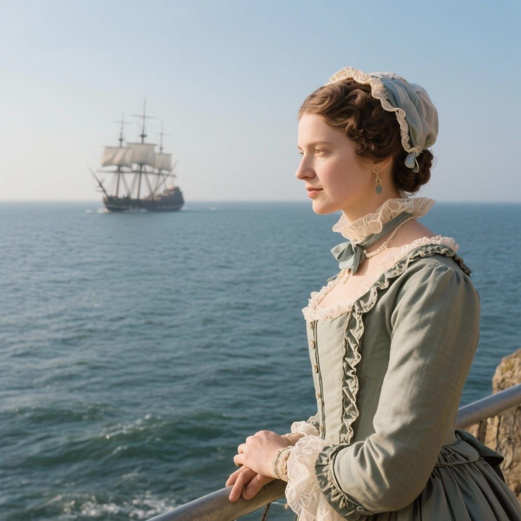 Regency Woman Gazes at Ship on the Horizon