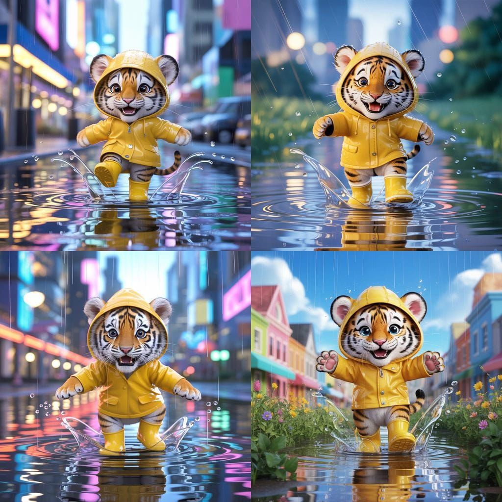 Anthropomorphic Tiger Cub Splashing in Summer Rain