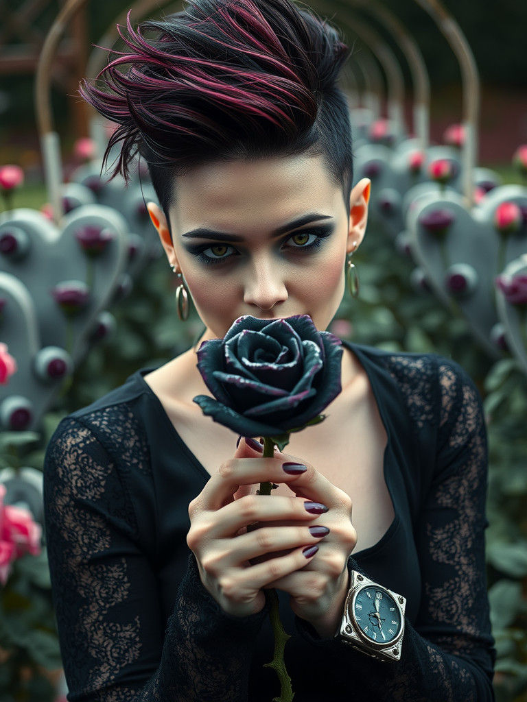 Punk Woman Plucks Frozen Rose in Gothic Garden