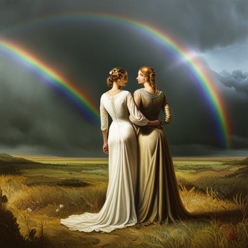 Two Brides Under a Rainbow: Detailed Art