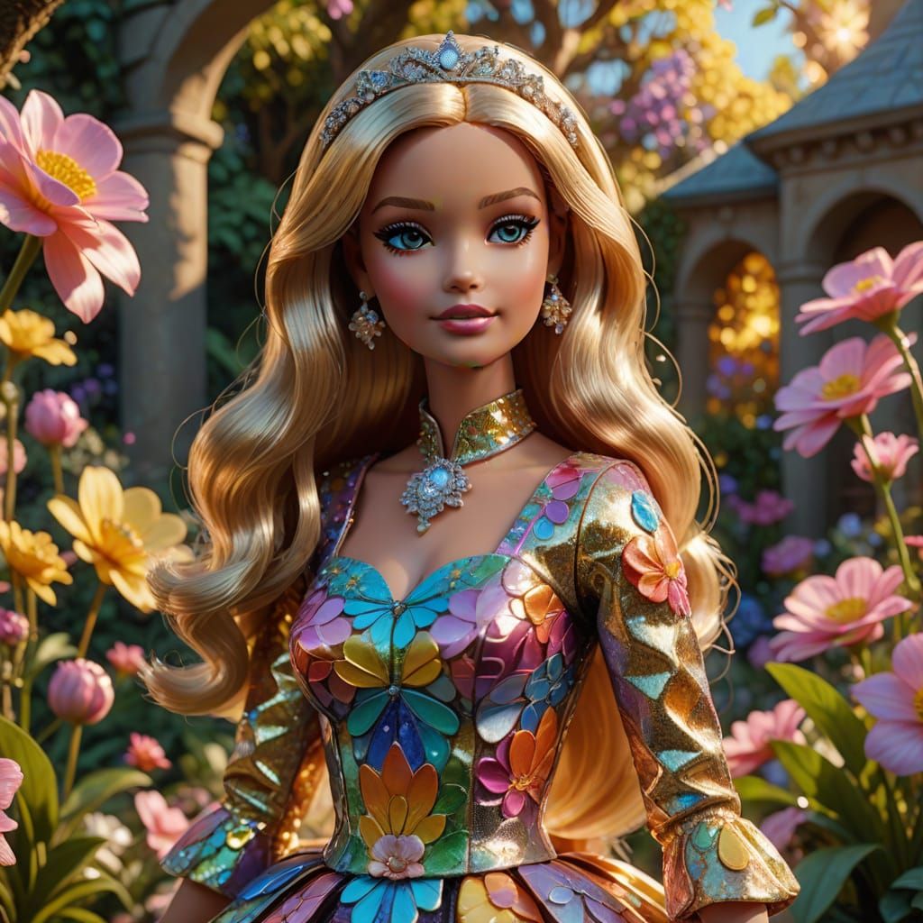 Barbie Doll in a Fantasy Garden, Detailed Matte Painting