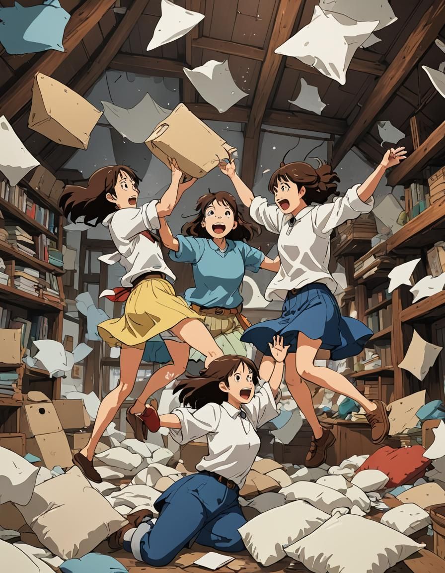 Girlfriends Pillow Fight in Attic, Ghibli Style