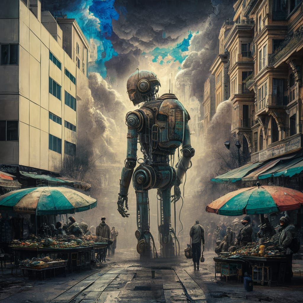 Weathered Robot in Misty City Street Illustration