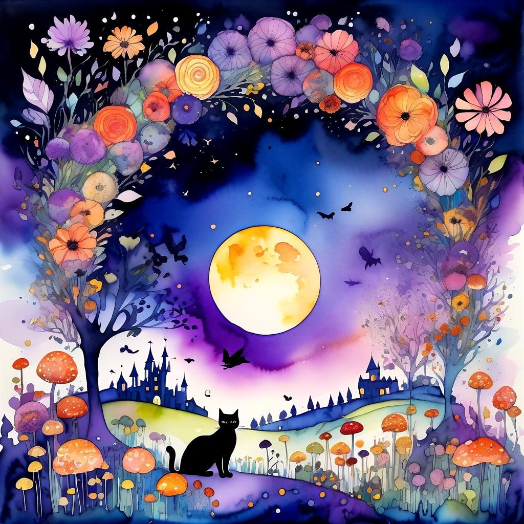 Black Cat in Flower Garden, Arthur Rackham Style